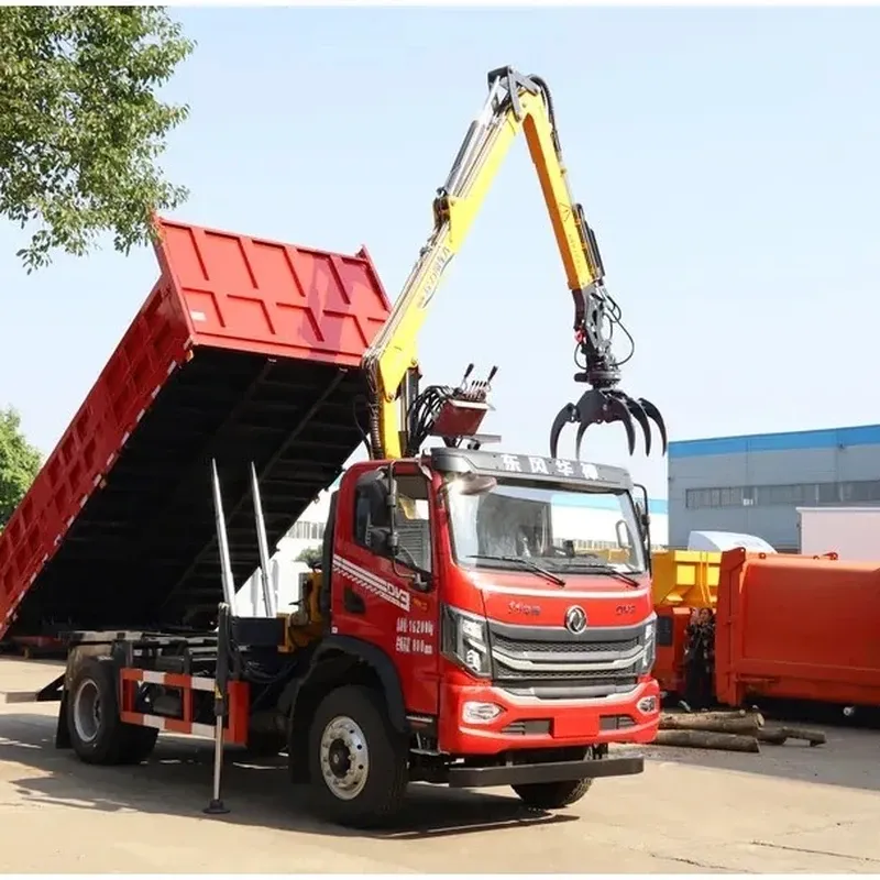 Truck-mounted grab on a red Dongfeng Huashen chassis, knuckle boom with a grab attachment and the tipper body raised