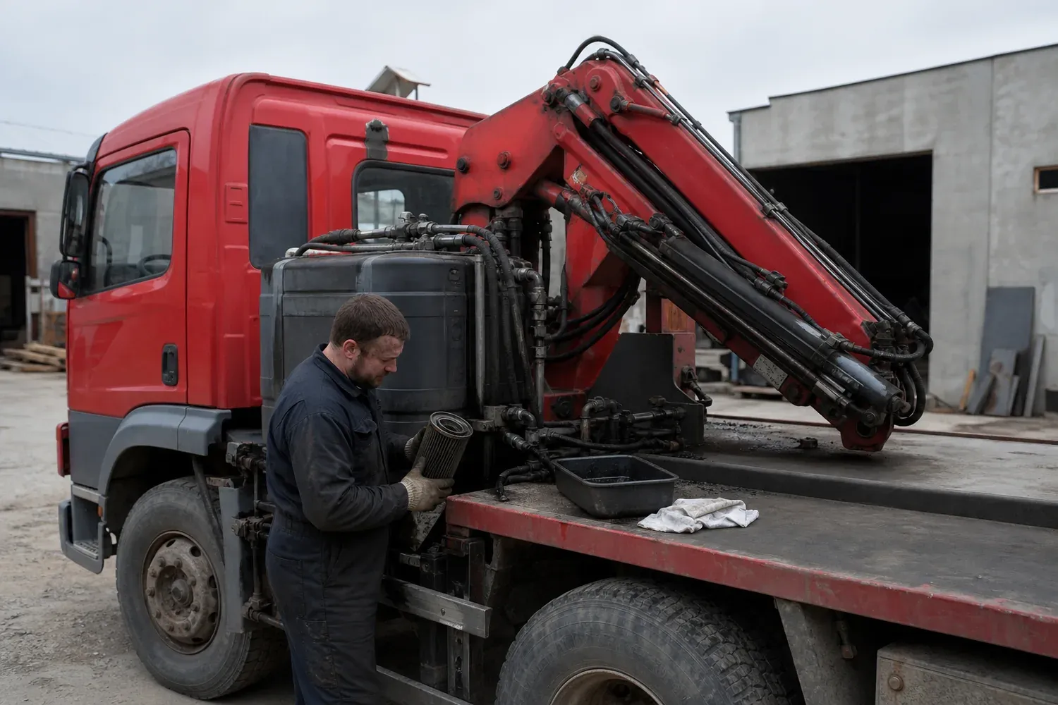 A mechanic holding a used hydraulic return-filter element beside the tank of a red truck-mounted crane lorry with its knuckle boom folded over the deck