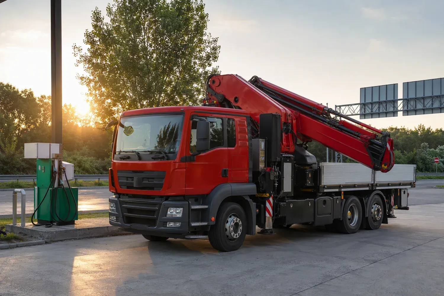 A truck-mounted crane lorry with a folded telescopic boom parked at a commercial diesel fuel island with a green fuel pump