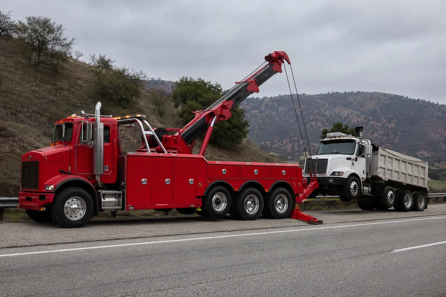 A heavy recovery wrecker truck with a raised telescopic boom and deployed underlift towing a truck on a highway shoulder