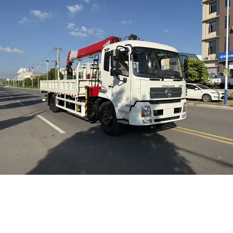 Dongfeng 4x2 truck-mounted crane, front three-quarter view with the crane stowed above the cargo body