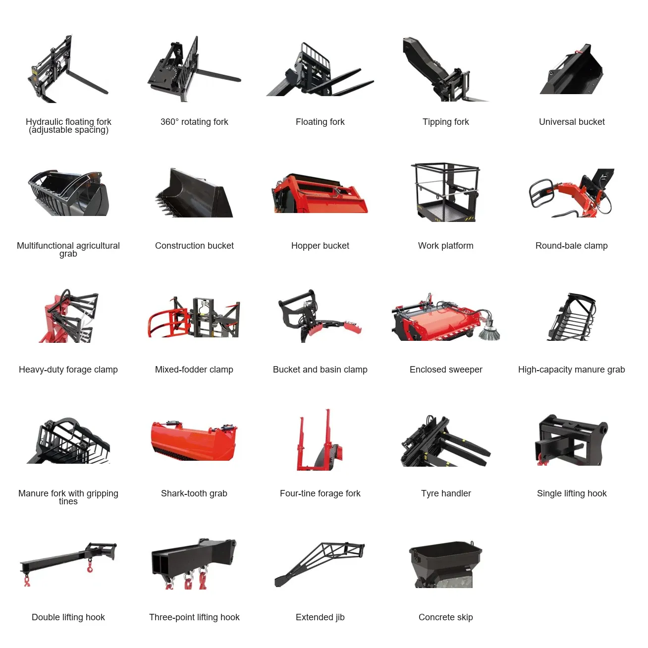 Quick-change attachments for the SX1840 telehandler — 24 attachment types