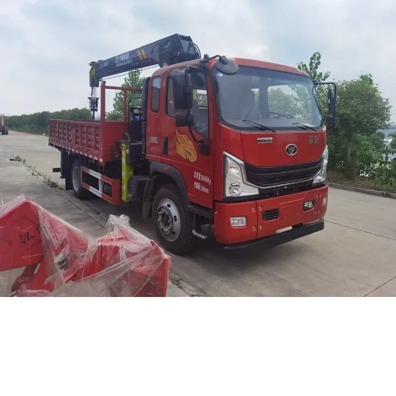 Red Howman truck-mounted crane, three-quarter front-right view with the folded crane boom above the drop-side body