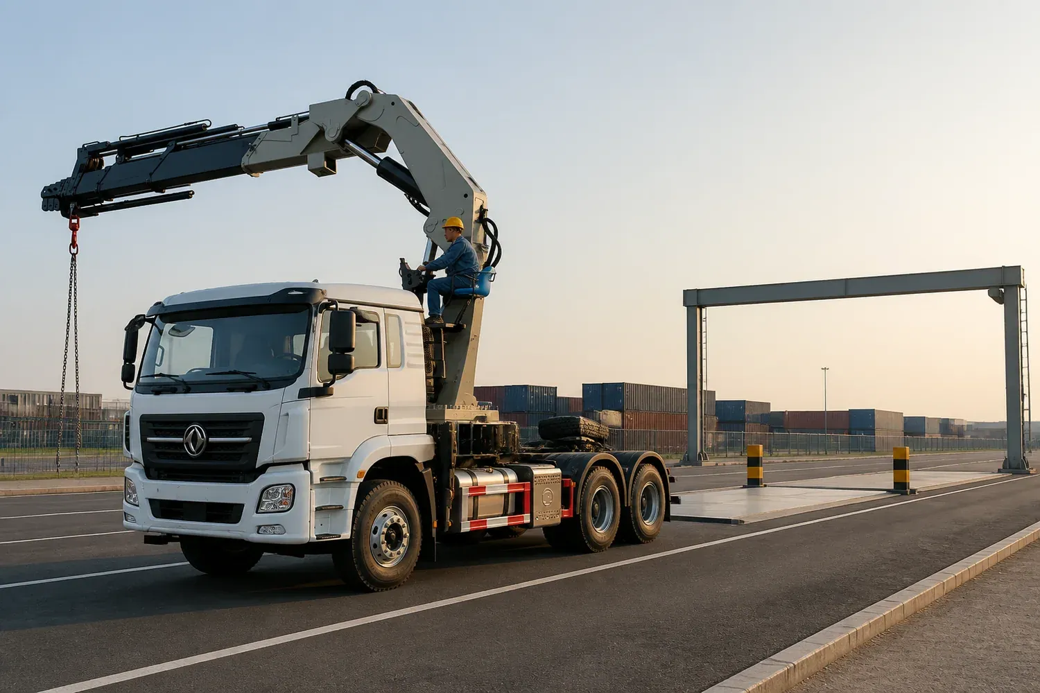 Truck-mounted crane lorry in side profile on a port terminal apron with container stacks behind, Chile 3CV certification
