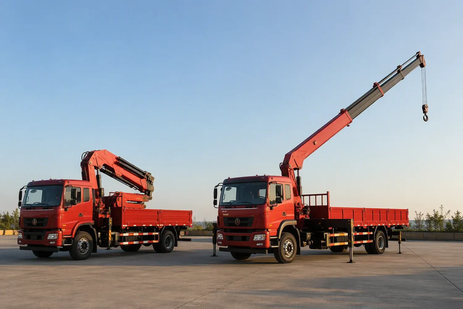 A telescopic-boom crane truck with the boom extended alongside a grab truck with its knuckle boom folded over the deck, parked on a concrete yard