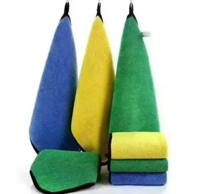 Colorful microfiber cleaning cloths with hanging loops for kitchen and household use