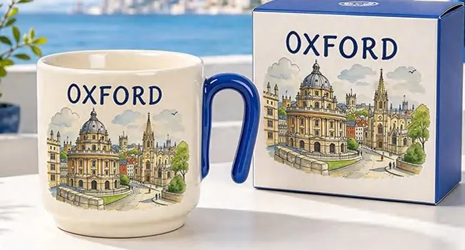 Cream ceramic mug with Oxford architecture illustrations and a blue handle beside its matching gift box.