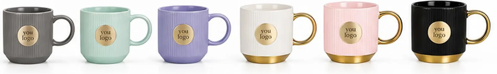 Six ribbed ceramic mugs in gray, mint, lavender, cream, pink and black with gold-colored handles and logo placeholders.