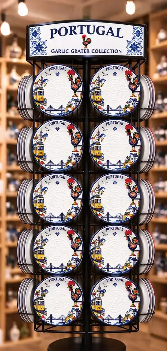Portugal design ceramic garlic grater dishes arranged on a tall black retail display rack.
