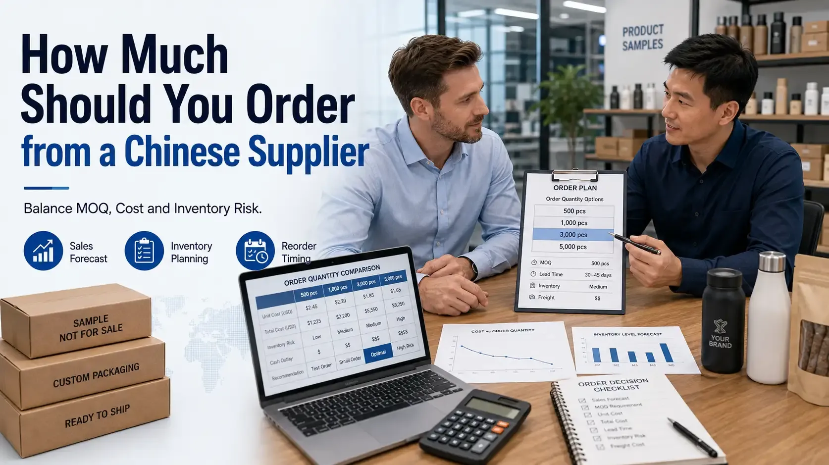 International buyer discussing order quantity, MOQ, inventory planning and costs with a Chinese supplier