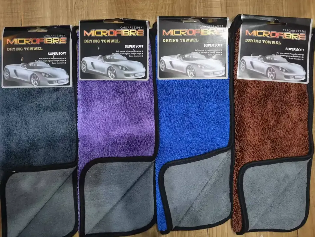 Textured automotive cleaning towels in gray, purple, blue and brown