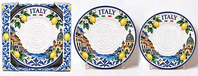 Three lemon design ceramic garlic grater dishes in square and round shapes with textured centers.