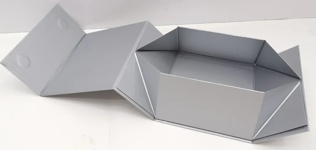 Gray foldable rigid gift box showing collapsible structure for custom packaging