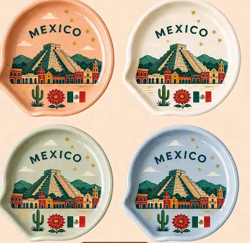 Four round ceramic souvenir plates with Mexico pyramid illustrations and peach, cream, blue or green backgrounds.