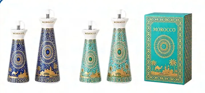 Four conical ceramic oil bottles with blue, gold and green Morocco patterns, pour spouts and a matching gift box.
