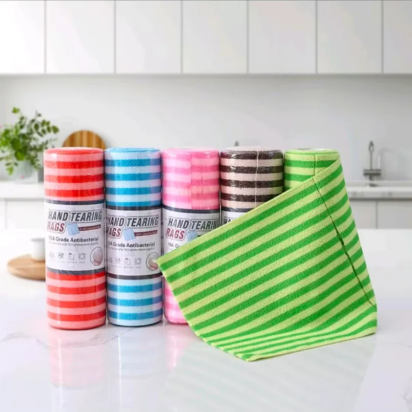 Two-tone striped cleaning cloth rolls with an opened cloth section