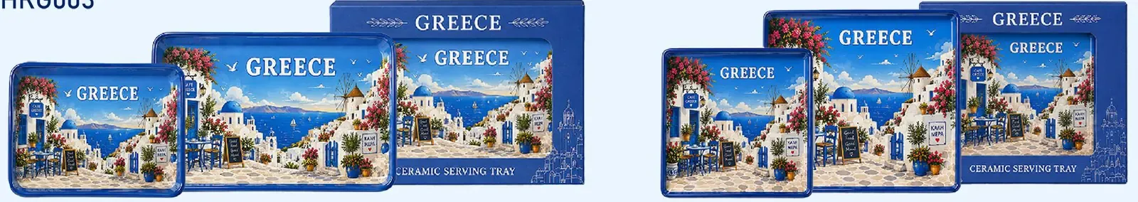 Two groups of rectangular ceramic serving trays with Greece landscape artwork in different sizes, shown with matching gift boxes.