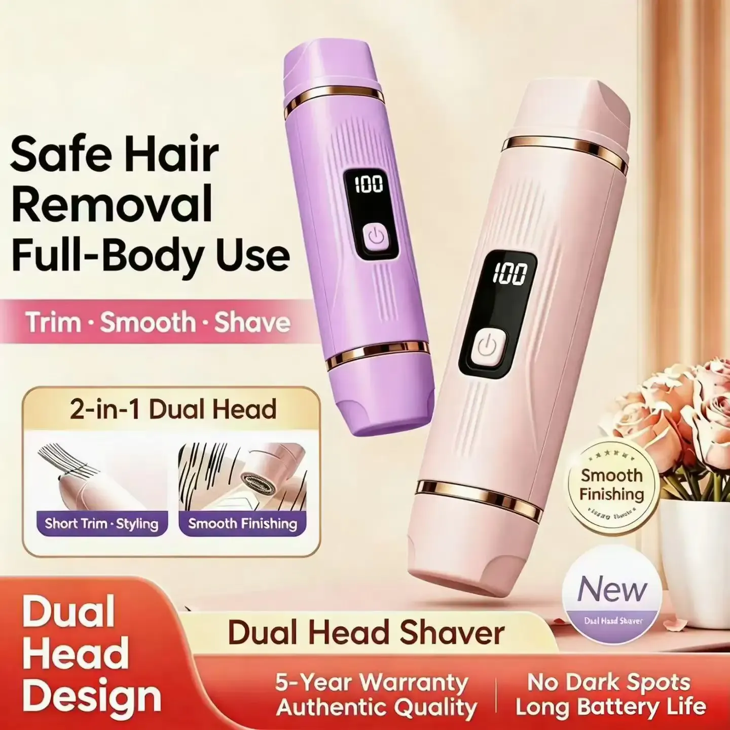 Rechargeable hair removal device with dual function design for beauty brands