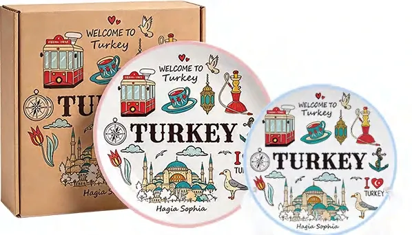 Two sizes of round Turkey souvenir plates with landmark illustrations beside a matching brown gift box.