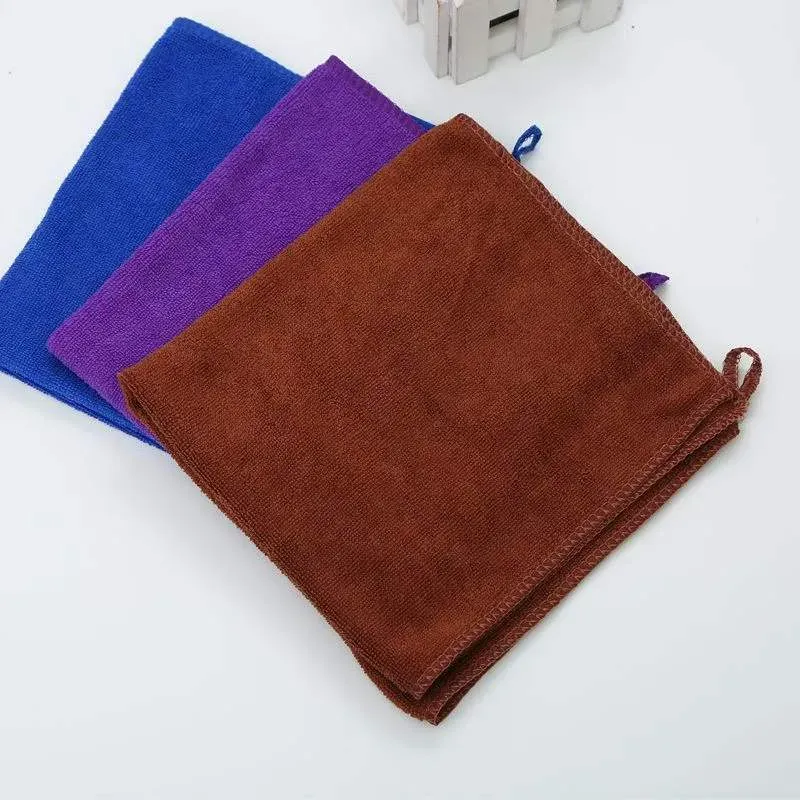 Reusable microfiber cleaning cloths with hanging loops in blue purple and brown