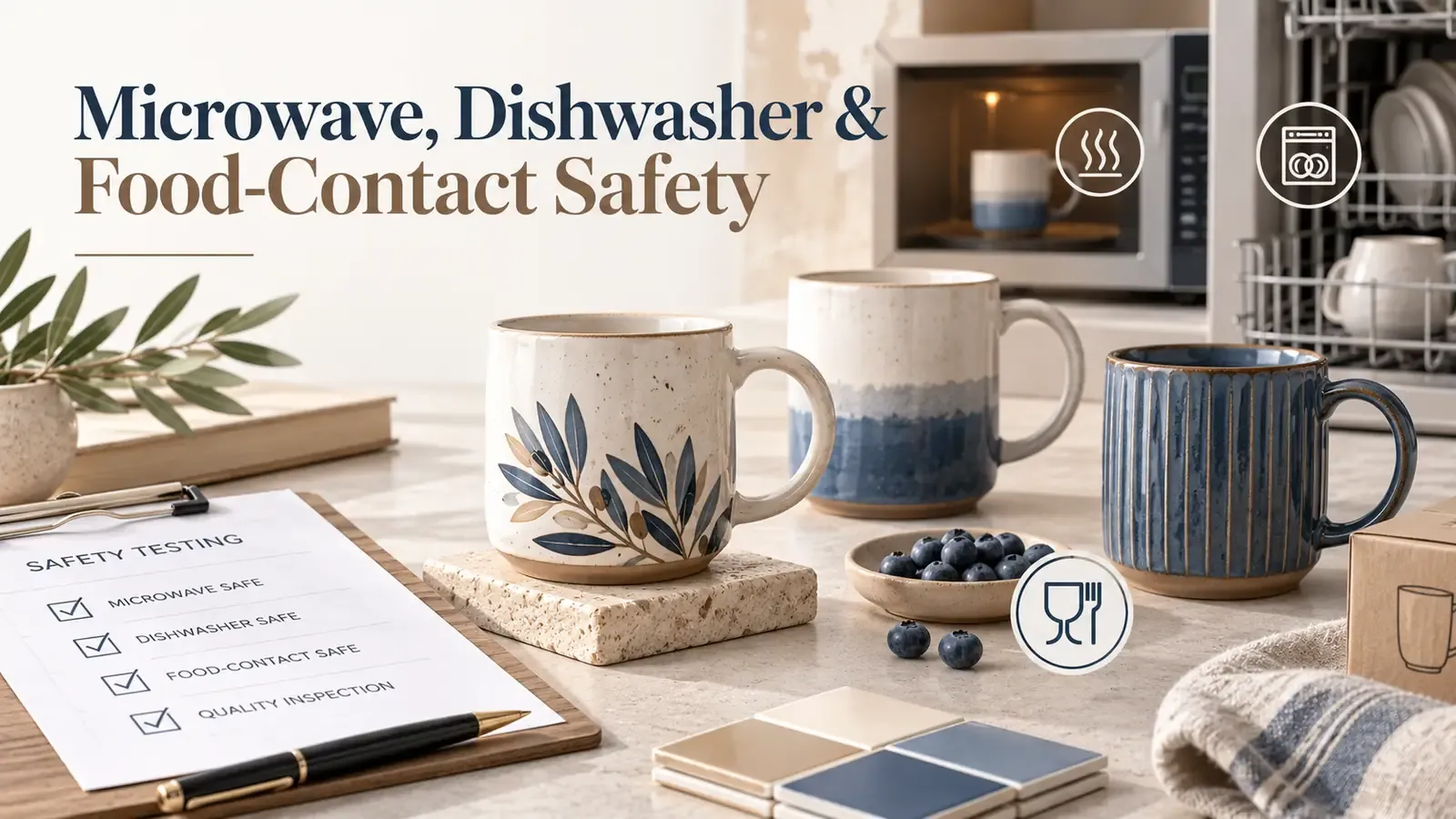 Ceramic mugs shown with microwave, dishwasher and food-contact safety testing concepts