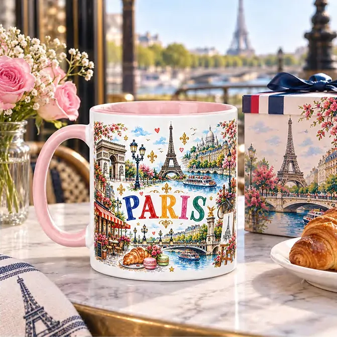 Paris souvenir mug with colorful city artwork and a pink handle beside a matching gift box.