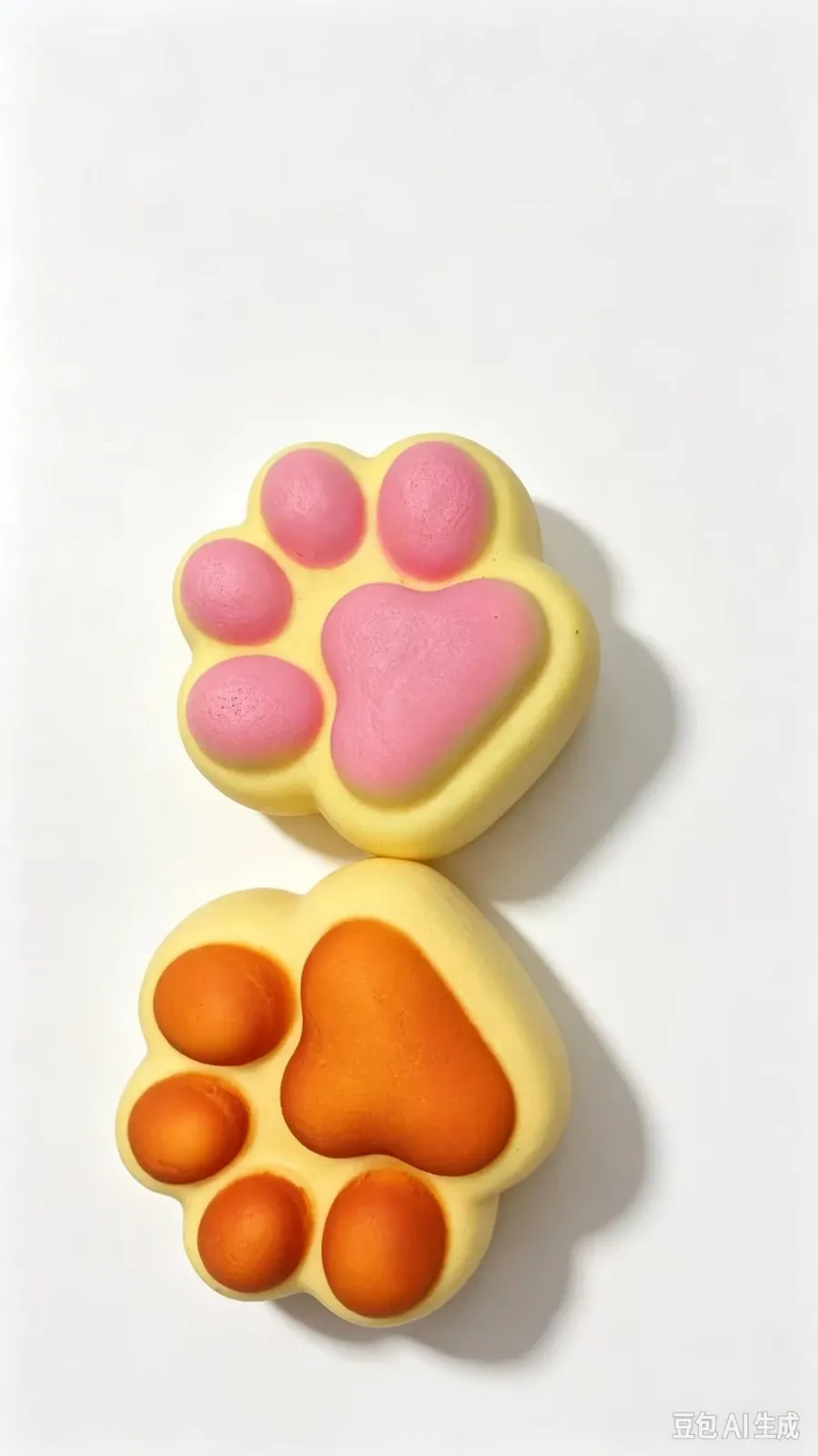 Two cat paw-shaped PU squishy toys with pink and orange paw pads