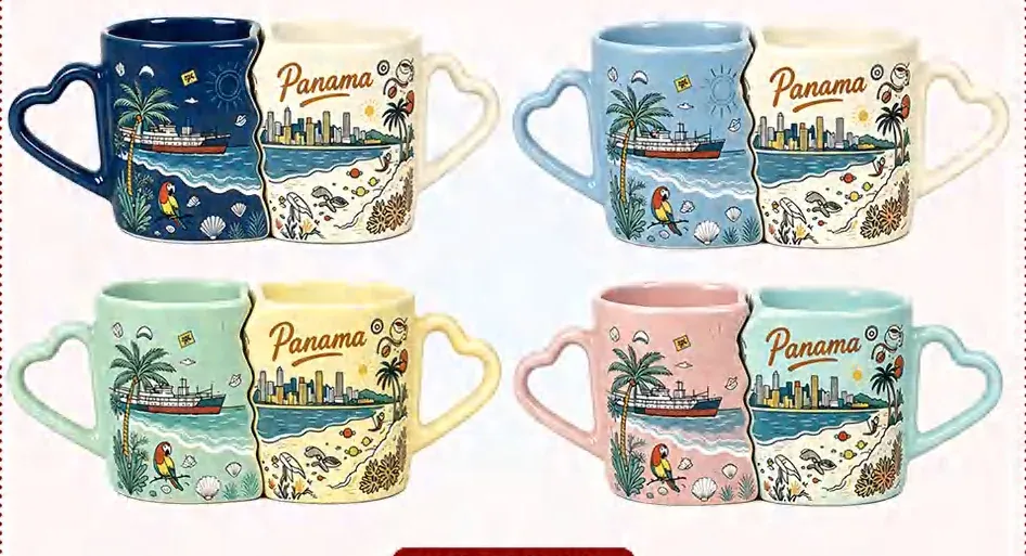 Four pastel ceramic mugs with Panama illustrations and double heart-shaped handles.