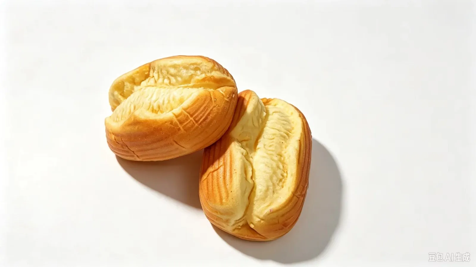Two small split bread-shaped PU squishy toys with cream-colored centers