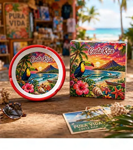 Round Costa Rica souvenir ashtray with a tropical landscape design, displayed on a stand beside its matching gift box.