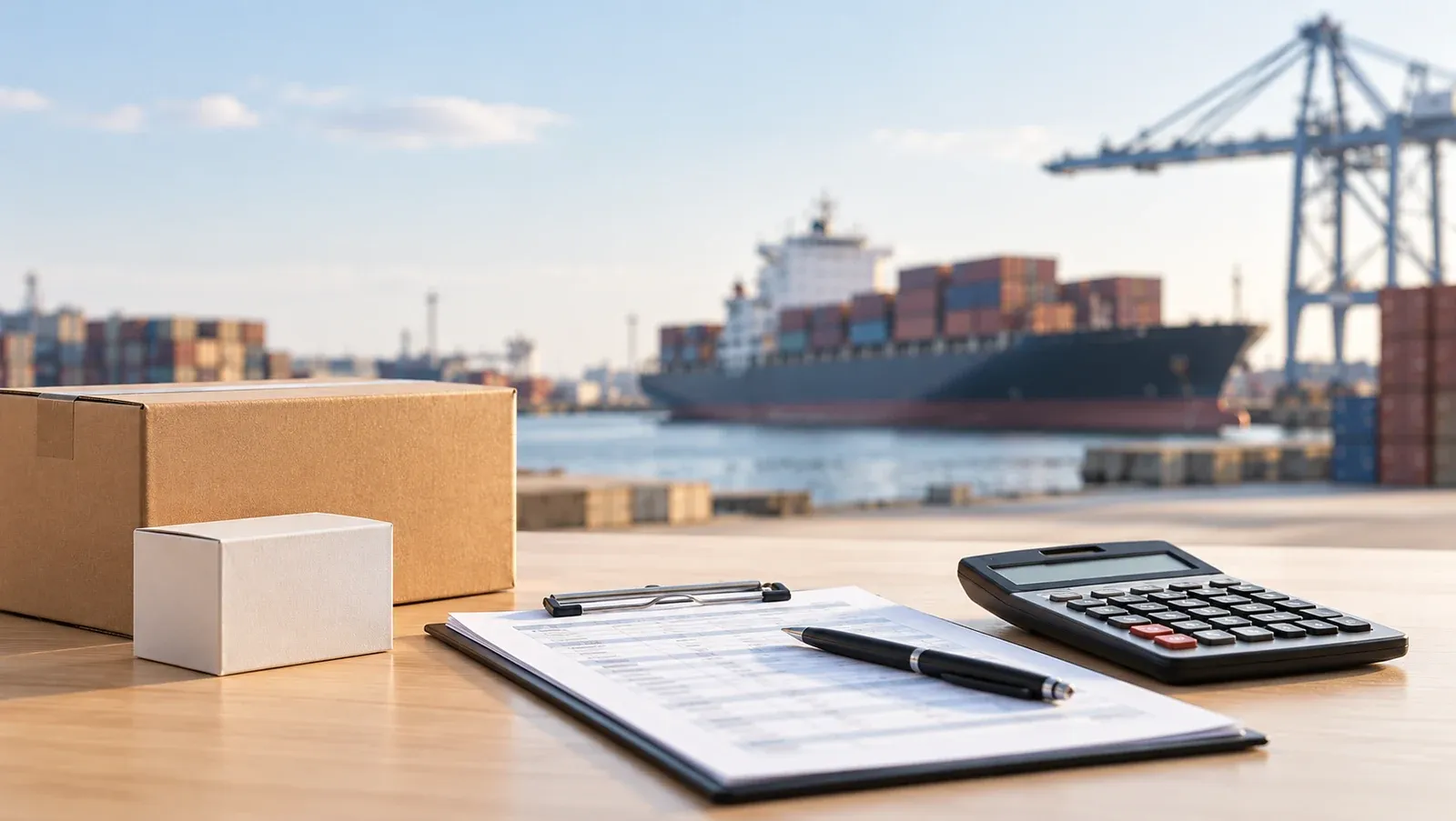 China sourcing cost recalculation with shipping containers, calculator and import documents
