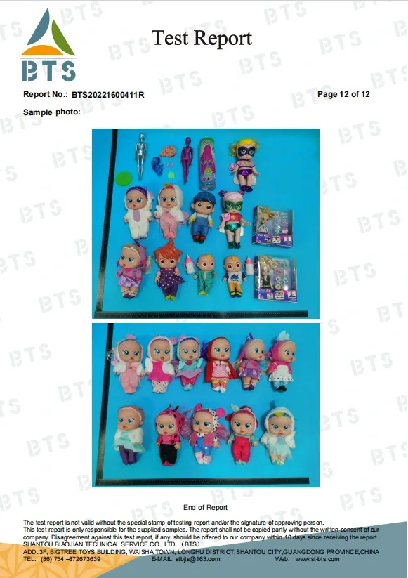 Third-party test report showing sample photos of dolls and toy products