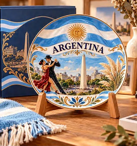 Round Argentina souvenir plate with landscape and tango illustrations, displayed on a stand in front of its gift box.