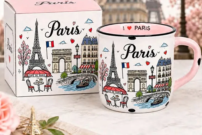 White ceramic mug with a pink handle and Paris landmark illustrations beside a matching pink gift box.