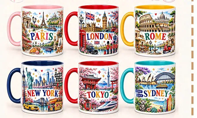 Six ceramic souvenir mugs featuring Paris, London, Rome, New York, Tokyo and Sydney designs with contrasting handles.