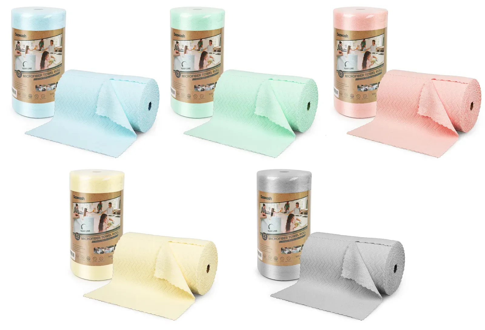Tear-off cleaning cloth rolls in five colors with 75-sheet packaging