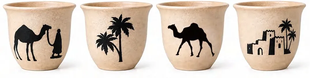 Four cream handleless ceramic cups with black camel, palm tree and building silhouette designs.