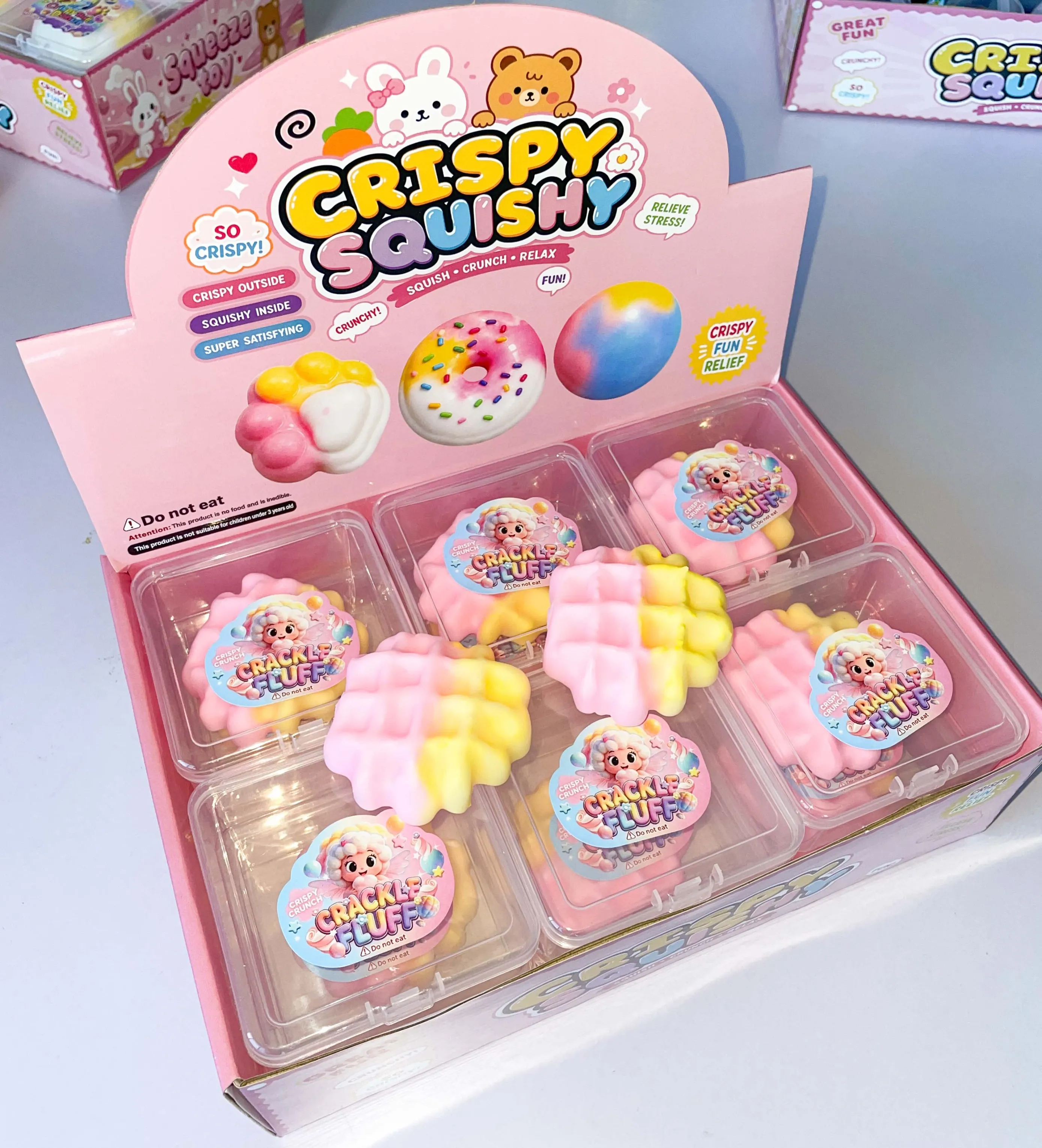 Waffle-shaped squishy toys with display packaging