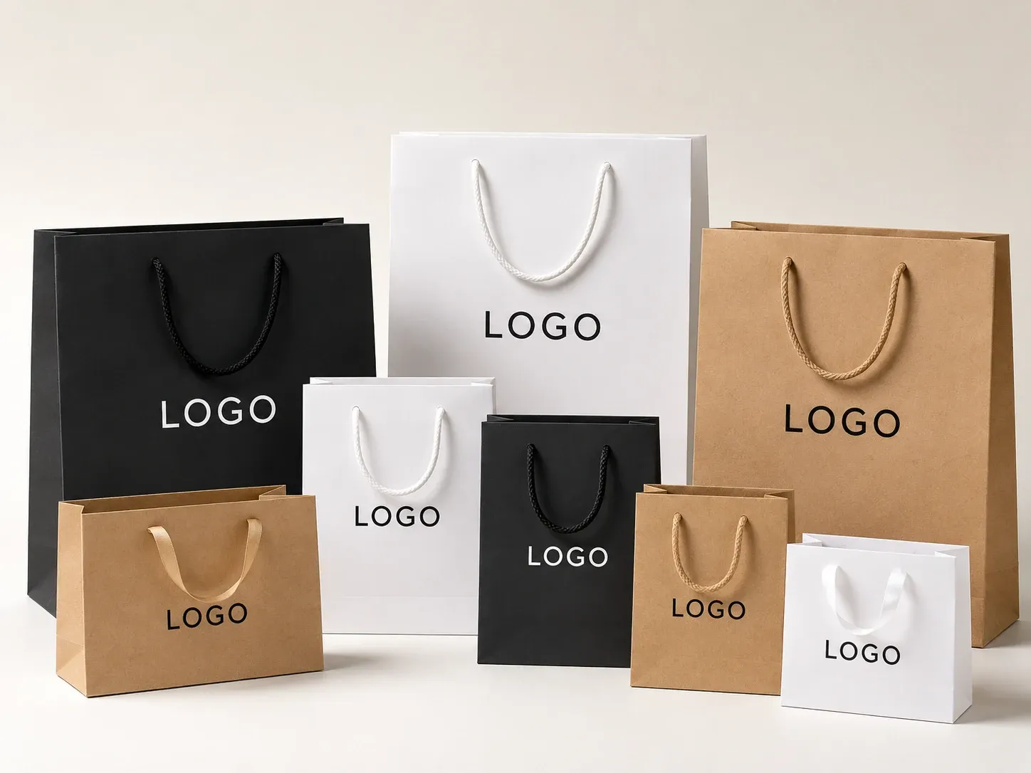 Custom paper shopping bags in different sizes and colors with logo printing
