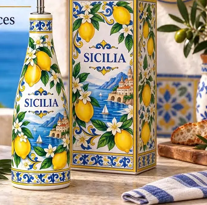 Tall ceramic oil bottle with a metal pour spout and Sicilia lemon artwork beside a matching illustrated gift box.