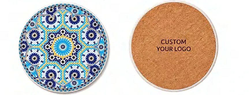 Two views of a round coaster showing its blue geometric ceramic surface and cork backing with a logo placeholder.