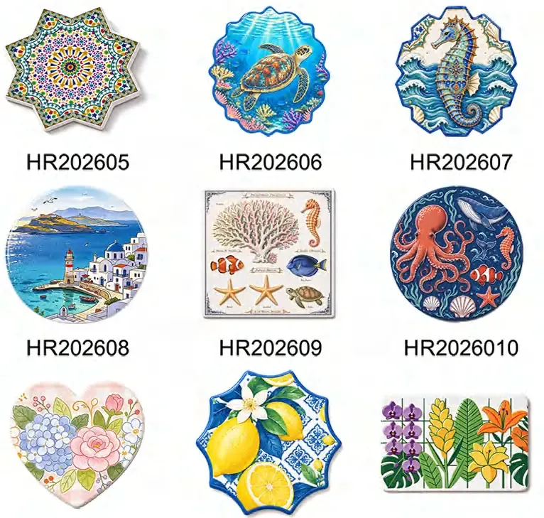 Nine ceramic coasters in scalloped, round, heart and rectangular shapes with floral, lemon and coastal designs.