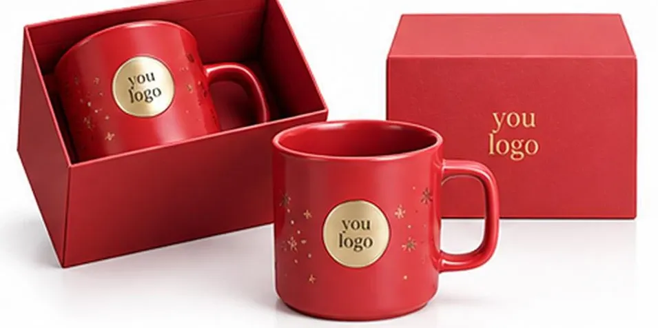 Red ceramic mugs with circular logo placeholders, displayed inside and beside red gift boxes.