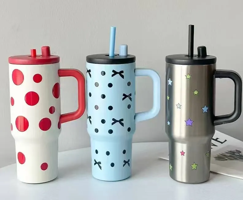 Custom insulated tumblers with handle and straw in multiple colors and printed designs