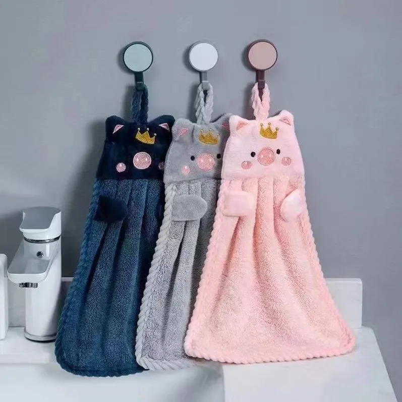 Cute cat character hanging hand towels in blue gray and pink