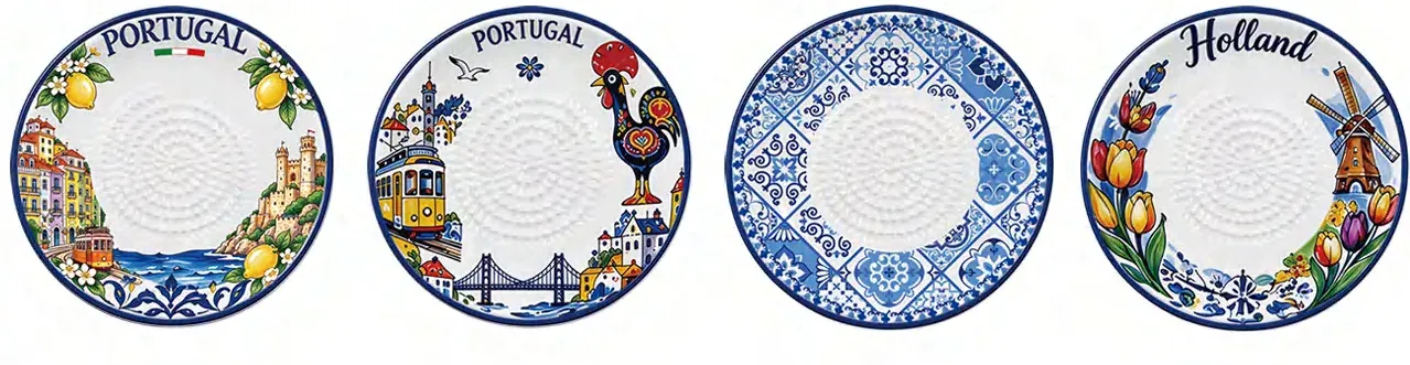 Four round ceramic garlic grater dishes with Portugal, blue geometric and Holland designs.