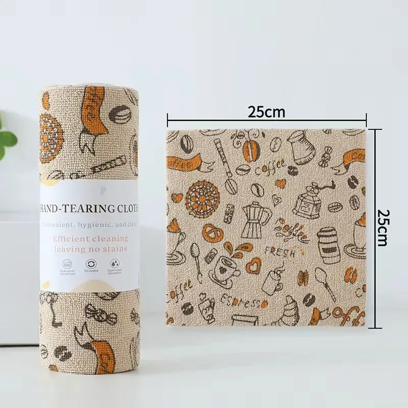 Fruit-patterned cleaning cloth roll beside an opened cloth section