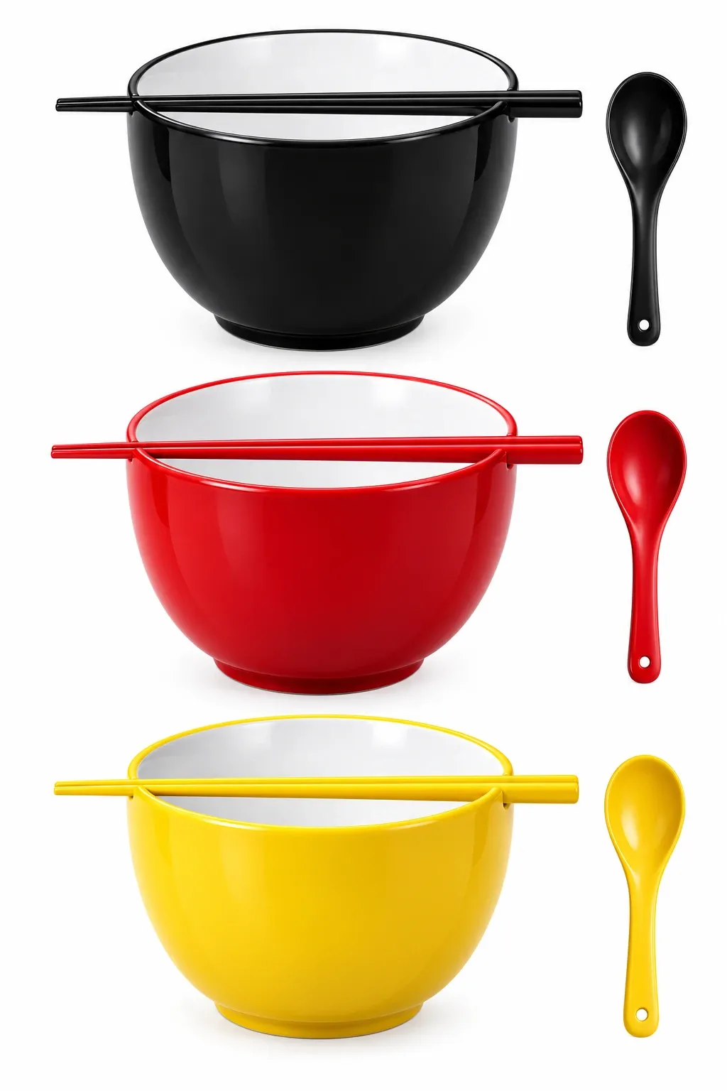Edited design mockup of plain black, red and yellow ceramic noodle bowls with matching chopsticks and spoons.