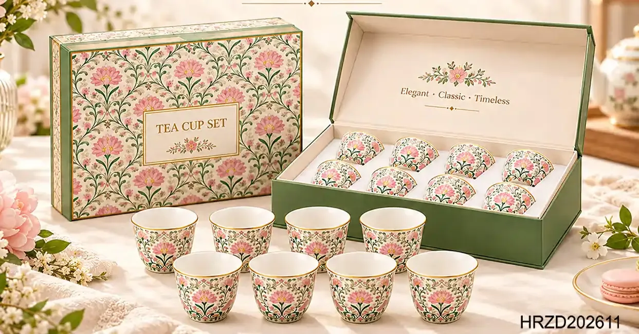 Small handleless coffee cups with pink and green floral patterns displayed in front of an open matching gift box.