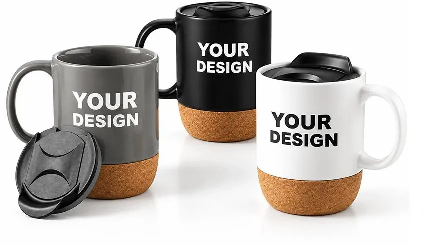 Gray, black and white ceramic mugs with black lids, cork-colored bases and Your Design lettering.
